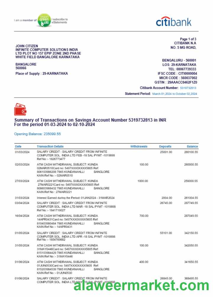 INDIA CITIBANK bank statement template, Word and PDF format